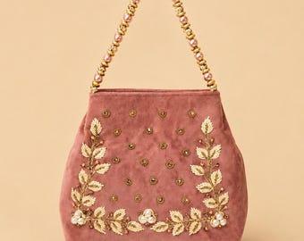 Luxury Bridal Potli Clutch Bag | Pearl Handle Designer Wedding Purse | Embellished Indian Bridal Handbag
