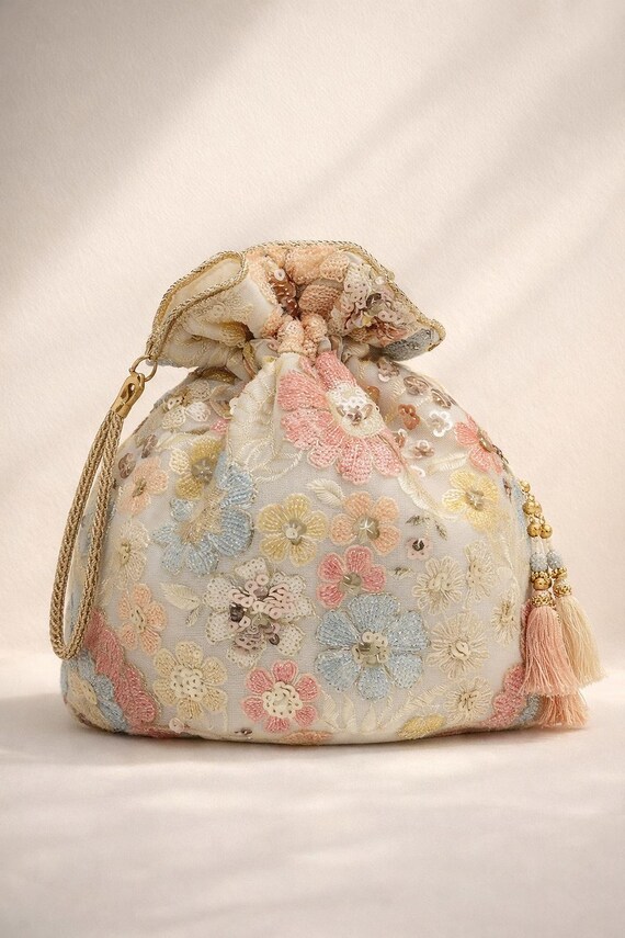 Embroidered Bridal Potli Bag – Off White Floral Sequin Wedding Clutch purse