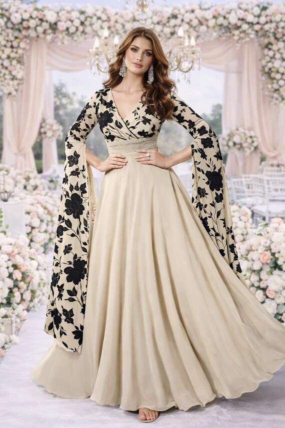 Floral Georgette Maxi Dress | Beige & Black Fit and Flare Gown - Etsy Floral Georgette Maxi Dress | Beige & Black Fit and Flare Gown - Etsy