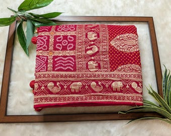 Red Bandhani Saree: Elephant Zari Border, Festive Wedding Wear