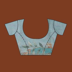 May include: A light blue blouse with short sleeves and a scoop neckline. The fabric features a printed pattern of green and brown leaves across the lower section, finished with a decorative white and black geometric border along the bottom hem.