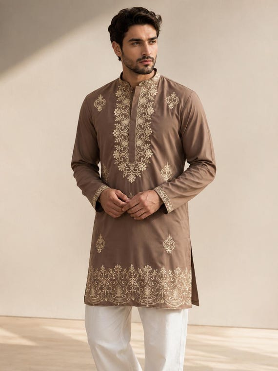 Embroidered Brown Kurta: Cotton Blend, Mandarin Collar, Knee-Length