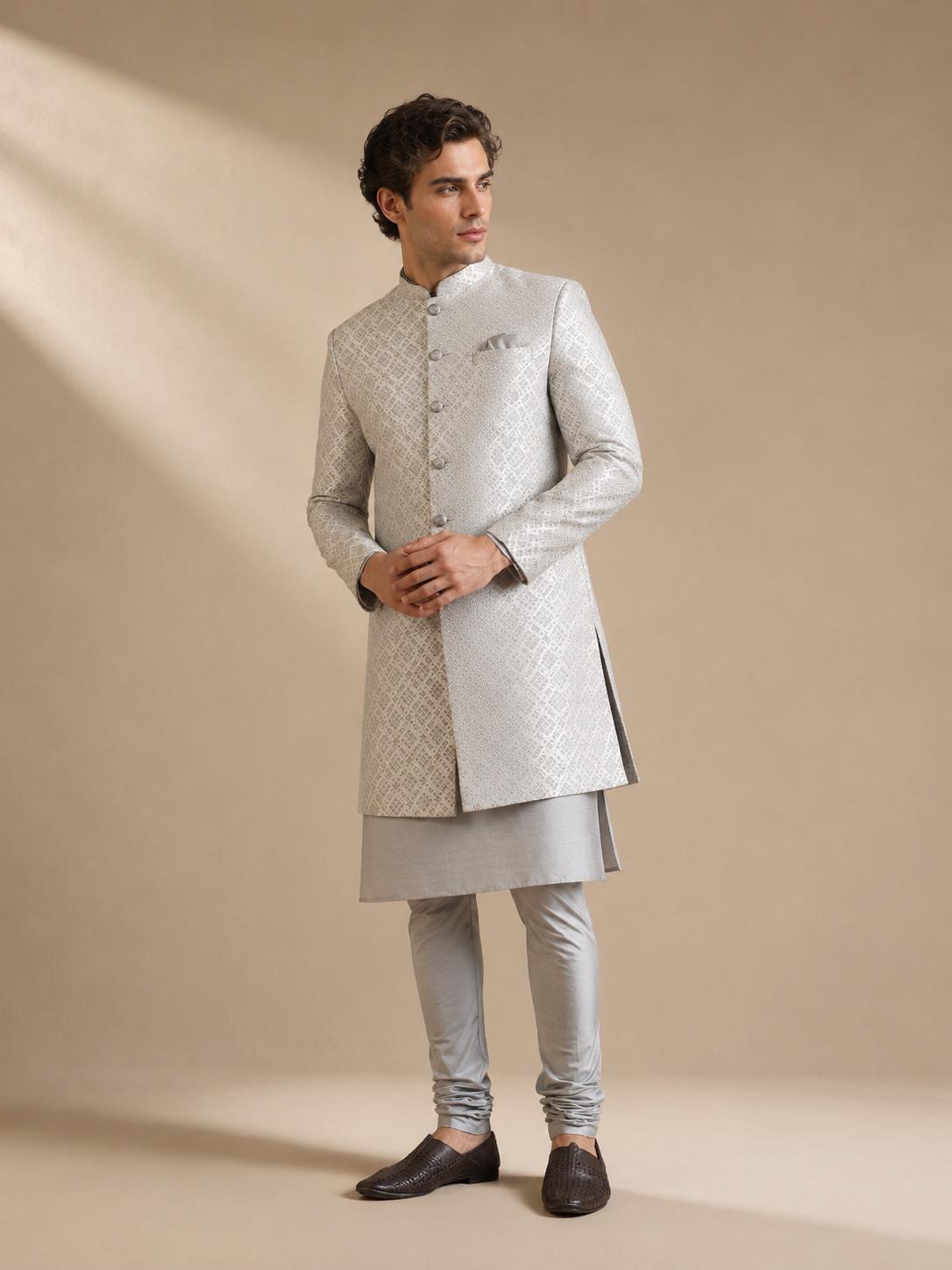 Grey Silk Blend Indo-Western Jacket Set: Textured Kurta and Churidar