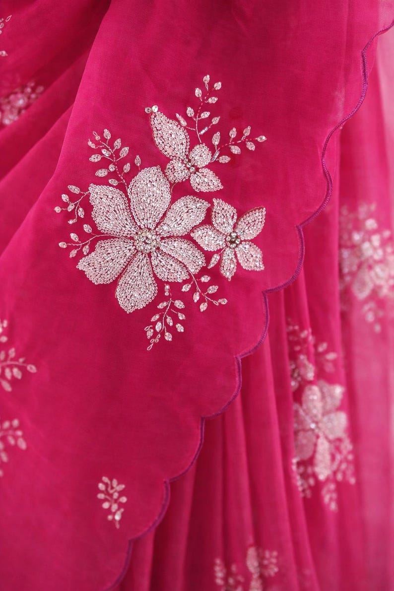 Lime Green Organza Saree, Floral Embroidery, Wedding Guest, Festive Party Wear image 12