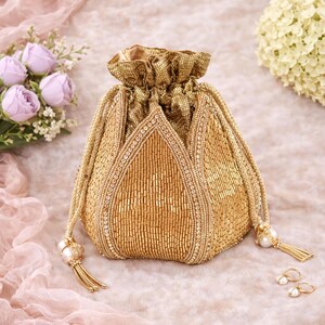 Gold Potli Clutch: Embroidered Party Bag (Wrist Loop, Small Size)