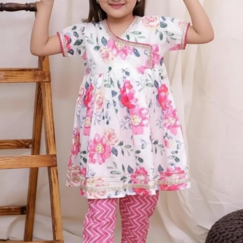 Ivory Gold Embroidered Kurti Pant Set For Girls
