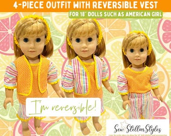 VINTAGE HANDMADE 4-piece "Citrus Twist" outfit for 18" dolls such as American Girl | unique 18-inch doll outfit with reversible vest, tunic