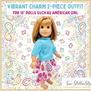 VINTAGE HANDMADE teal blue & pink floral paisley outfit for 18&quot; dolls like American Girl | unique 18-inch doll outfit w/ flapper-style skirt