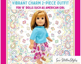 VINTAGE HANDMADE teal blue & pink floral paisley outfit for 18" dolls like American Girl | unique 18-inch doll outfit w/ flapper-style skirt