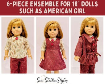 VINTAGE HANDMADE 6-piece brown corduroy rhinestone outfit set for 18" dolls such as American Girl | jumper, blouse, pants, jacket, purse