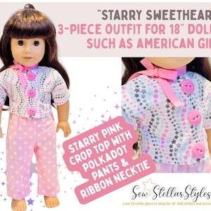 VINTAGE HANDMADE 3-piece Starry Sweetheart pink polkadot outfit for 18&quot; dolls such as American Girl | unique 18-inch doll outfit, top, pants