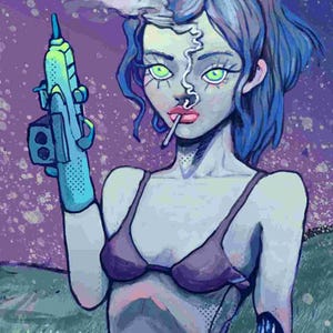 May include: A digital illustration of a figure with blue skin, bright green eyes, and a ponytail, wearing a dark bikini top. The figure holds a blue futuristic pistol, smokes a cigarette, and has a severed left arm with blue liquid dripping.