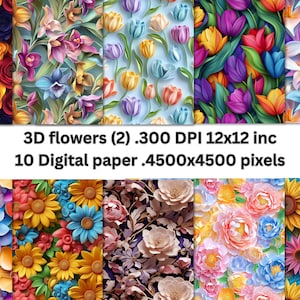 Digitale Blumen, 3D-Blumen Clipart, nahtlose Blumen, 3D-Blumenkunst, 3D-Blüten, florale Hintergründe