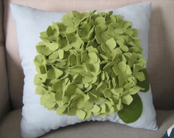 Green Hydrangea Bloom Pillow on Dusty Blue Linen