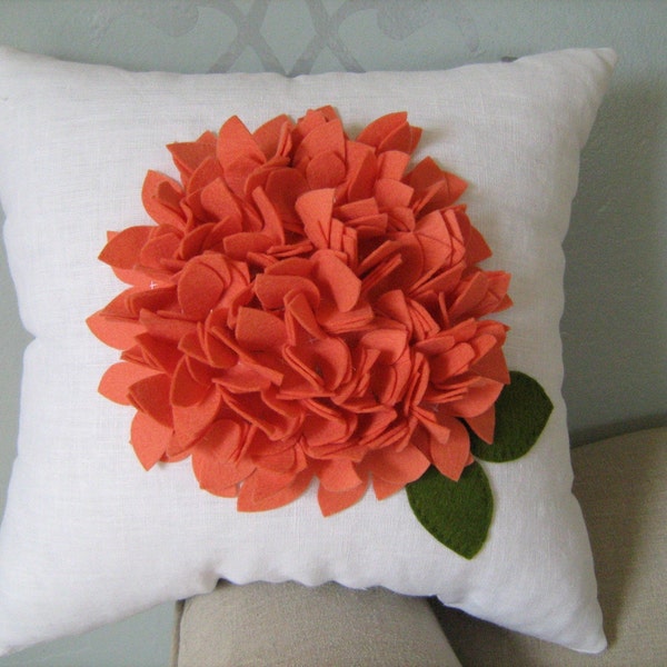 Hydrangea Pillow in Wool Coral Felt on White Linen
