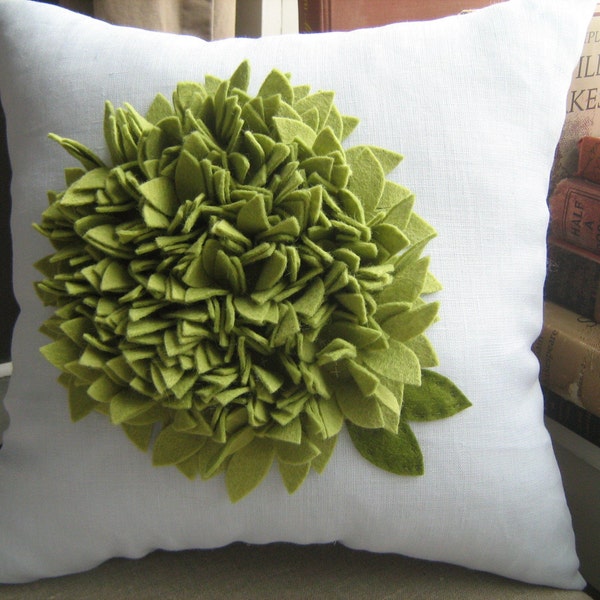 Green Hydrangea Bloom  Pillow on Dusty Blue Linen