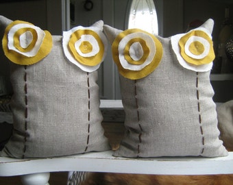 Linen Flower beanbag Bookends in Mustard Yellow and Cream on Oatmeal Linen