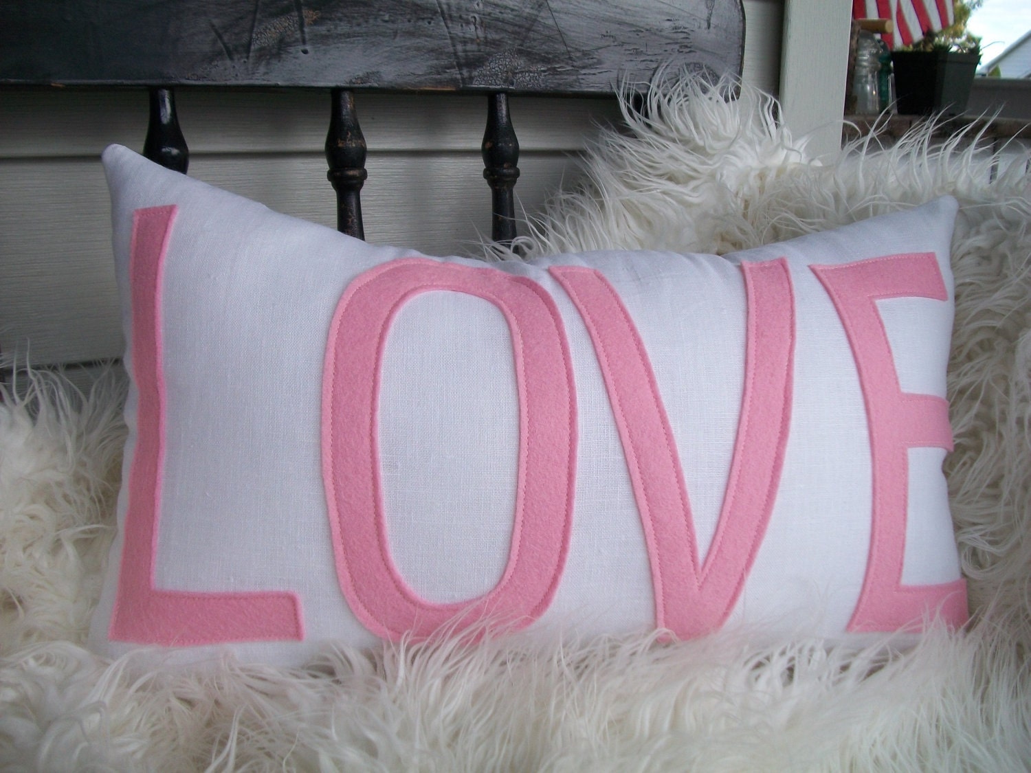 LOVE pillow in White Linen and Pink Felt Etsy
