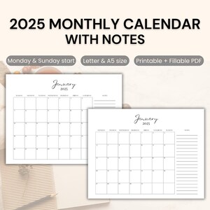 2025 Monthly Calendar with Notes, Printable Calendar, Minimalist Calendar, Fillable PDF Calendar, Landscape, Sunday Monday start, Letter/A5