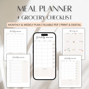 Minimalist Weekly Meal Planner, Grocery Checklist Template, Monthly Meal Prep Printable, Diet Journal, Food Planner, Health & Fitness, PDF
