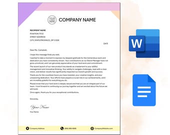 May include: A formal business letter template with a light purple and peach colored header. The letter is addressed to Ms. Campbell and expresses gratitude for her work as a Brand Manager. The letter includes the company name, address, and phone number.