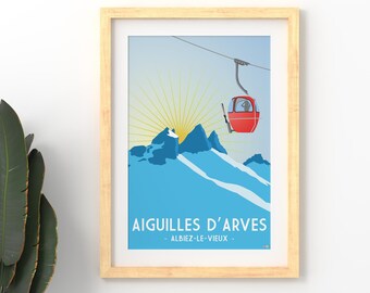 Poster illustration of the Aiguilles d'Arves, travel poster souvenir gift. Aiguilles d'Arves, Albiez, Saint Sorlin, Savoie, France