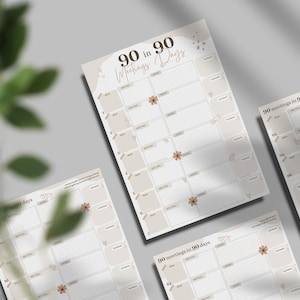 Puede incluir: Tres páginas de planificador imprimibles con un fondo beige y detalles florales. Las páginas se titulan "90 en 90 Reuniones en 90 días".