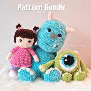Virkade monsterplyschdockset PDF | 3 Amigurumi Monsters Inc Mönster bild 1