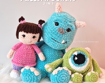 Crochet Monster Plush Doll Set PDF | 3 Amigurumi Monsters Inc Patterns