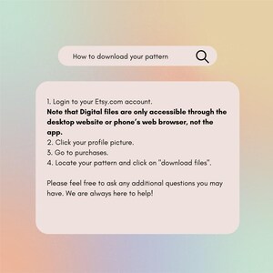 K&ouml;nnte beinhalten: Eine Grafik mit Anweisungen zum Herunterladen eines Musters von Etsy. Der Text enth&auml;lt Schritte zum Anmelden, Zugreifen auf K&auml;ufe und Herunterladen von Dateien. Oben befindet sich eine Suchleiste.