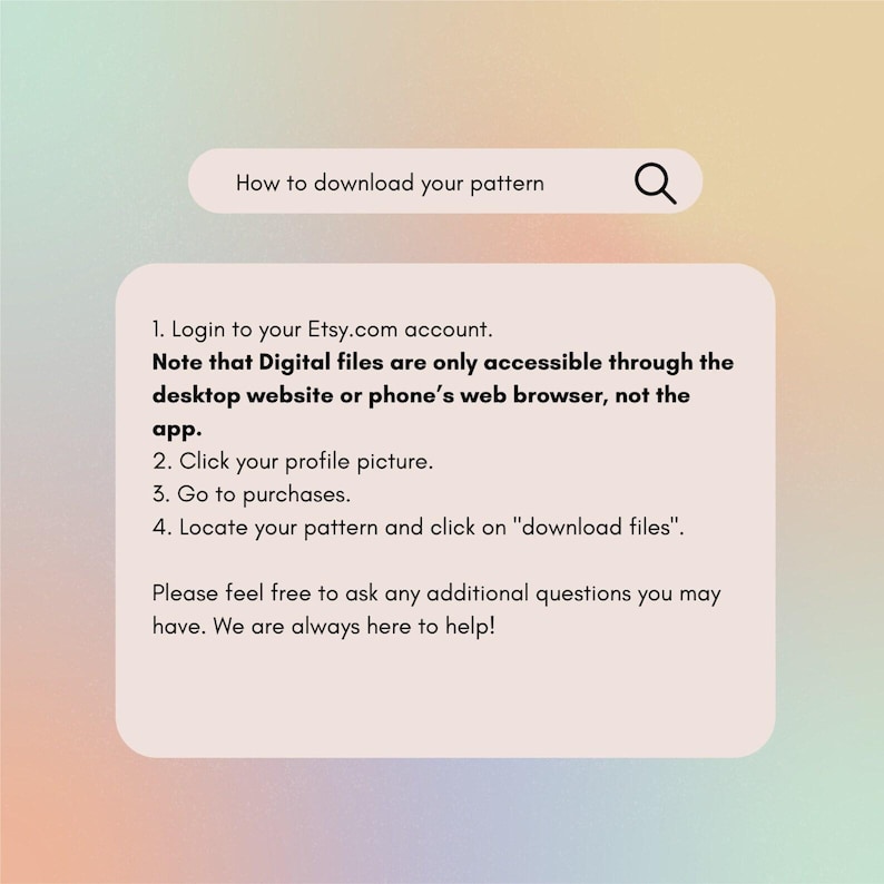 K&ouml;nnte beinhalten: Eine Grafik mit Anweisungen zum Herunterladen eines Musters von Etsy. Der Text enth&auml;lt Schritte zum Anmelden, Zugreifen auf K&auml;ufe und Herunterladen von Dateien. Oben befindet sich eine Suchleiste.