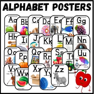 Op de afbeelding: Een verzameling alfabetposters, elk met een letter en een bijbehorende afbeelding. De posters tonen een groene appel, een kat, een donut, een olifant, een tros druiven en meer. De tekst "ALPHABET POSTERS" staat bovenaan.