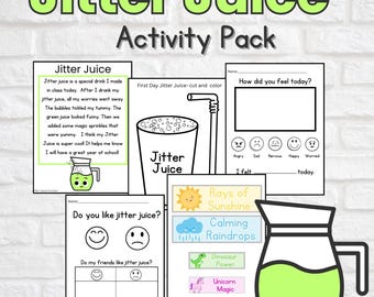 Może przedstawiać: Zestaw arkuszy aktywności dla dzieci zatytułowany "Jitter Juice Activity Pack". Zestaw zawiera opowiadanie o Jitter Juice, aktywność wycinania i kolorowania oraz tabelę uczuć. Widoczny jest również zielony dzbanek z sokiem.