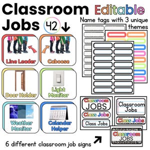 Puede incluir: Una imagen con letreros de trabajos en el aula y etiquetas con nombres. Los letreros muestran roles como "Líder de fila", "Caboose" y "Monitor del clima". La imagen también incluye el texto "Classroom Jobs" y "Class Jobs".