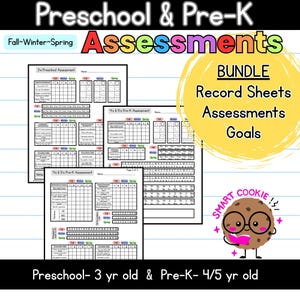 May include: A bundle of preschool and pre-K assessment record sheets. The sheets include sections for Fall, Winter, and Spring assessments. The image also features a cartoon cookie character with glasses and the text "SMART COOKIE!"