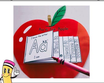 May include: A red apple-shaped educational activity with the text "Aa is for Apple." The activity includes a booklet with the letter "A" and the words "Find it," "Read it," "Trace it," and "Write it." The image also includes a cartoon pencil and the text "26 Engaging Alphabet Books."