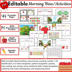 Könnte beinhalten: Eine Sammlung von 44 druckbaren Seiten für Morgenaktivitäten mit Apfelplantagen-Motiv. Das Set enthält 14 Übungsblätter zur Kompetenzentwicklung für Namensbildung, Zählen, Buchstabenerkennung, Mustererkennung und Sortieren.