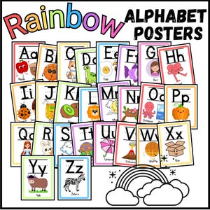 May include: A collection of colorful alphabet posters with illustrations. Each poster features a letter of the alphabet with a corresponding image, such as an apple for "A" and a zebra for "Z". The word "Rainbow" is at the top.
