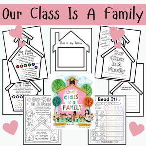 Op de afbeelding: Een verzameling educatieve werkbladen en een boekomslag met de titel Our Class Is A Family. De materialen bevatten zwart-wit lijntekeningen, huisvormige sjablonen, tekstprompts en een kleurrijke centrale boekomslagillustratie met kinderen.