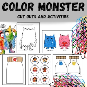 May include: Color Monster cut outs and activities printable set featuring a multi-colored monster, a blank monster outline, blue Sadness and pink Love monsters, jar templates, and circular character icons with various emotional expressions.