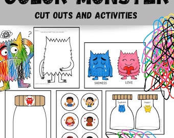 May include: Color Monster cut outs and activities printable set featuring a multi-coloured monster, a blank monster outline, blue Sadness and pink Love monsters, jar templates, and circular character icons with various emotional expressions.