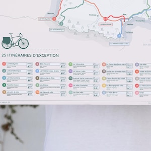 May include: A map of 25 cycling routes in the French Riviera, with a bicycle illustration at the top. The map is titled "25 Itineraires d'Exception".