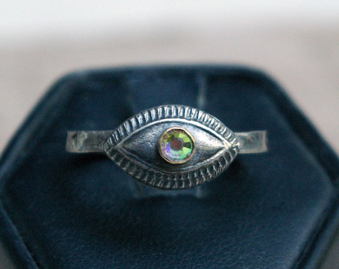 Eye Stacking Ring, Recycled Sterling Silver, Aurora Gem, Hammered Band, Size 7 3/4