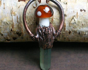Mushroom Crystal Pendant, Recycled Copper, Aura Quartz, Fairy Forest Vibes