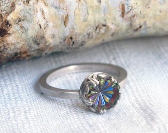 Vintage Glass Solitaire Ring, Starburst Pinwheel, Recycled Sterling Silver, Size 9 1/2