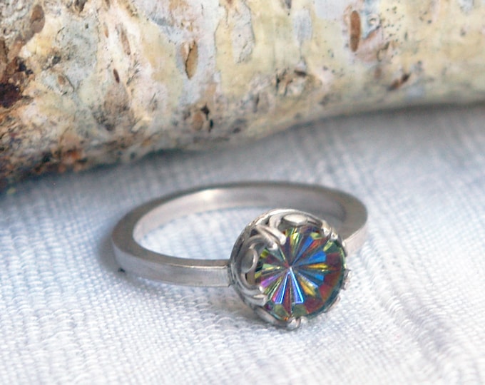 Vintage Glass Solitaire Ring, Starburst Pinwheel, Recycled Sterling Silver, Size 9 1/2