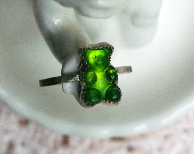 Gummy Bear Ring, Green Apple, Nostalgic Candy Jewelry, Hammered Sterling Silver, Size 8
