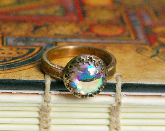 Flaming Orb Brass Ring, AB Vintage Czech Glass, Size 6