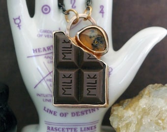 Chocolate Chunk & Caramel Necklace in Bronze on Gunmetal Chain