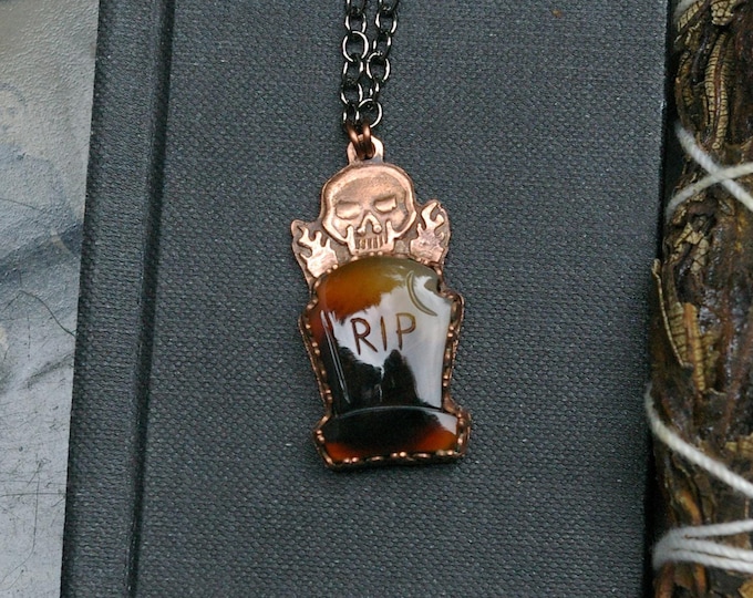Gravestone Whimsigoth Necklace, Agate Grave, Recycled Copper Setting, Halloween Jewelry